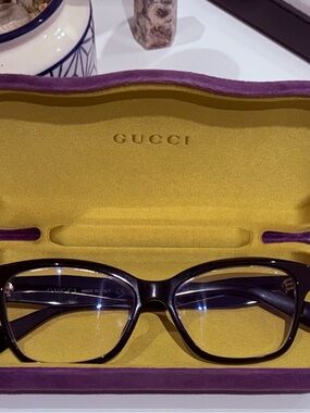 Gucci Women’s Black Optical Glasses with Purple-Trim Case